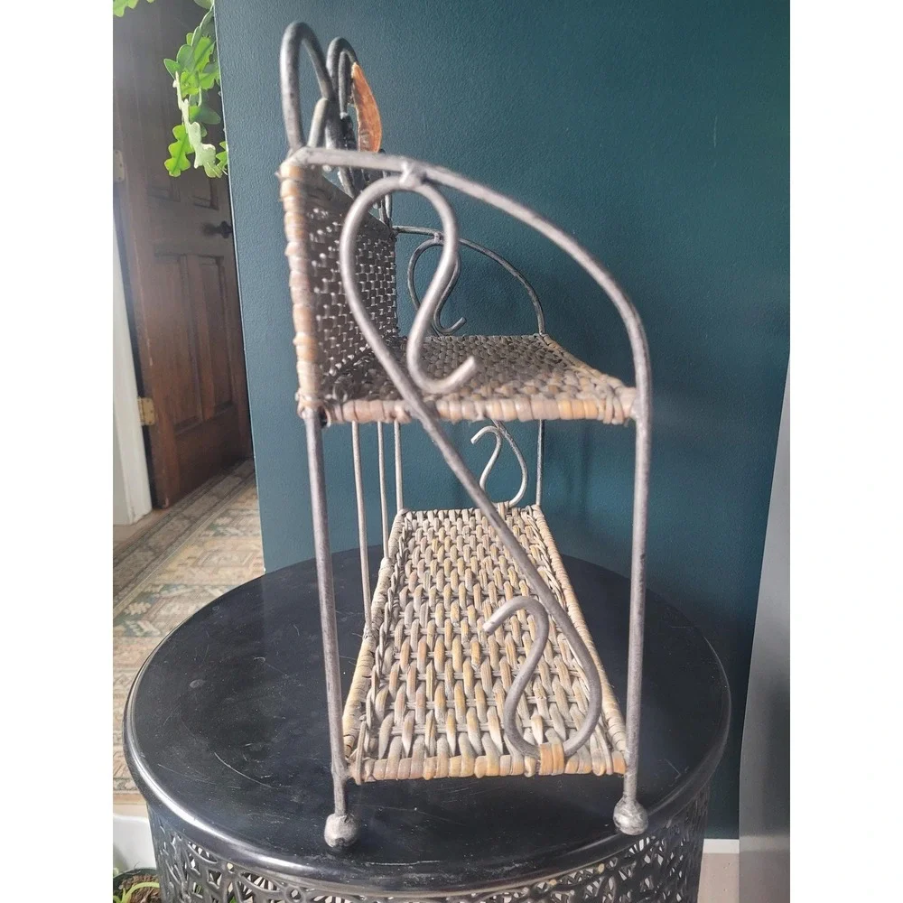 Coastal Wicker & Metal Two-Tier Shelf | French Country Cottage Decor Seashell‎